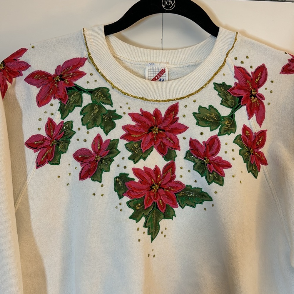 Vintage Poinsettia Christmas Red Green Gold Glitter Crew Sweatshirt M 🎄 - Picture 4 of 14